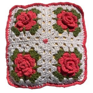 Vintage Handmade Floral Crochet Pillow White
